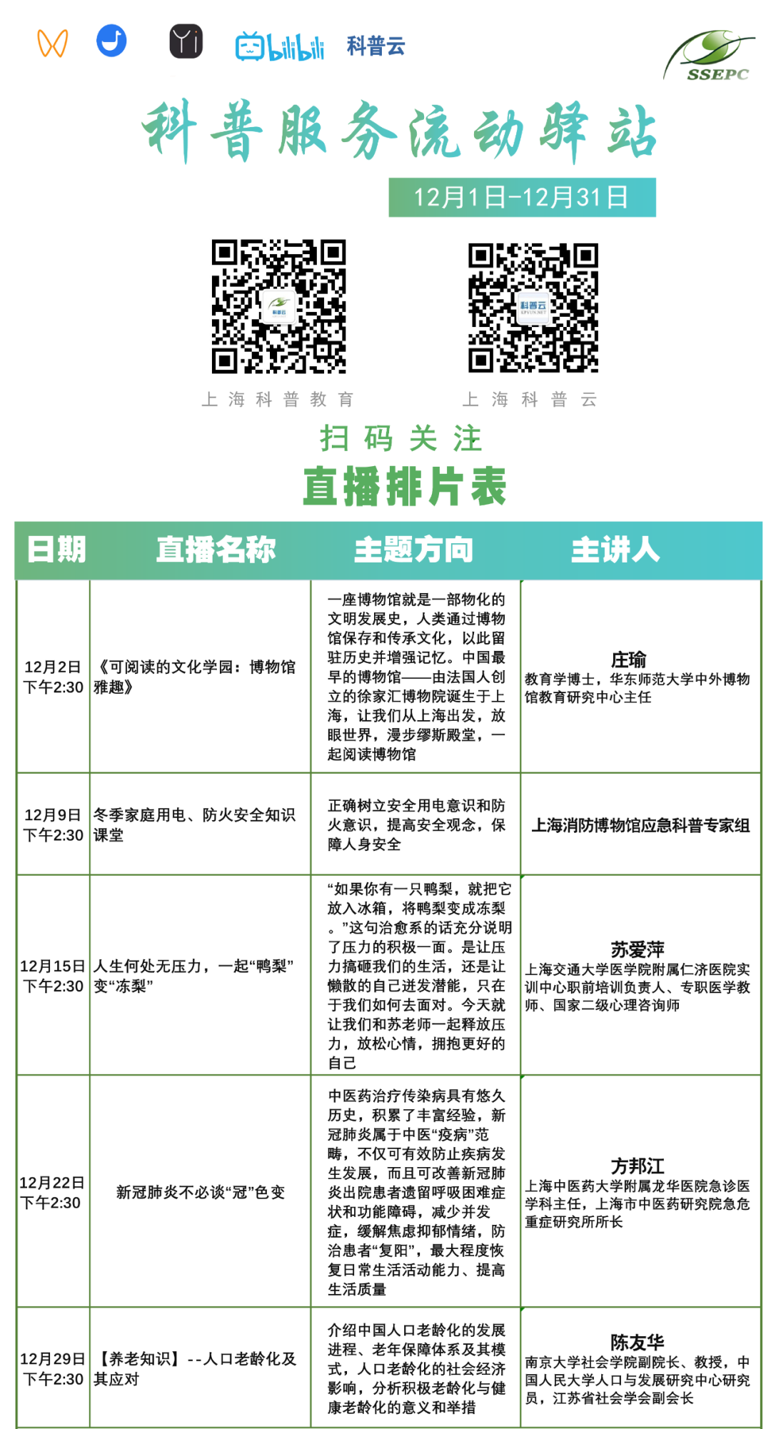 【直播排片】科普服务流动驿站12月直播安排